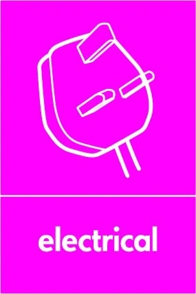 Electrical sign showing white plug pictogram above wording on magenta background. Artwork ELEC0080.