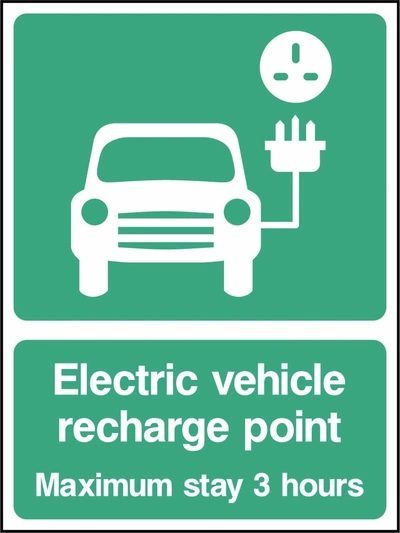 Electric vehicle recharge point — Maximum stay 3 hours sign. green-and-white electric vehicle parking pictogram and wording. Supplied artwork PARK0087.