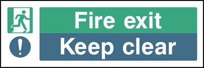 Green and blue Fire exit — Keep clear sign showing a running-person symbol and a mandatory exclamation-mark symbol. Artwork EMER0048.