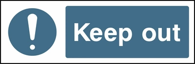 Keep out sign showing blue exclamation pictogram beside wording. Artwork FPRV0041.