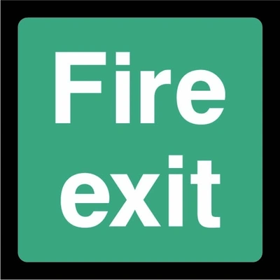 Green and white Fire exit sign showing word-only square design. Artwork EMER0060.