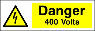 Danger — 400 Volts sign showing yellow electrical lightning bolt warning triangle beside wording. Artwork ELEC0003.