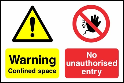 Warning — Confined space — No unauthorised entry. Side-by-side panels. Artwork MULT0021.