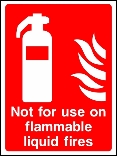 Not for use on flammable liquid fires sign showing flammable-liquid prohibition wording. Artwork FEQP0018.