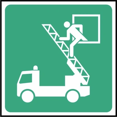 Rescue window sign showing person exiting a window towards a rescue ladder vehicle. Artwork FAID0015.