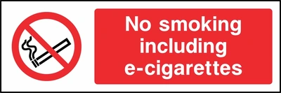 No smoking including e-cigarettes sign. red cigarette or naked-flame prohibition pictogram beside a red wording panel. Artwork SMOK0038.