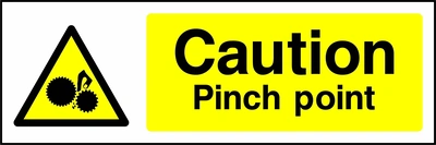 Caution — Pinch point sign showing yellow hand caught between gears warning triangle beside wording. Artwork MACH0019.