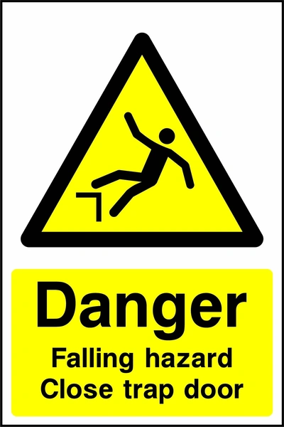 Yellow and black danger sign with a falling person pictogram and Falling hazard Close trap door wording. CONS0026 artwork.