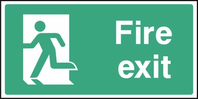 Green and white Fire exit sign showing a running-person symbol facing left. Artwork EMER0036.
