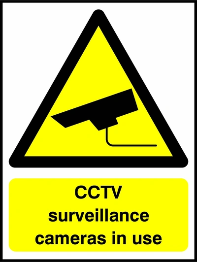 CCTV surveillance cameras in use sign. yellow CCTV camera warning triangle and wording. Artwork SECU0041.