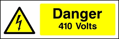 Danger — 410 Volts sign showing yellow electrical lightning bolt warning triangle beside wording. Artwork ELEC0004.