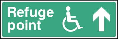 Refuge point sign showing up arrow and wheelchair symbol. Artwork EMER0073.
