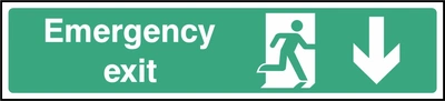 Green and white Emergency exit sign showing downward arrow. Artwork EMER0026.
