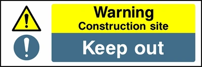 Landscape letterbox sign combining a yellow Warning Construction site panel and a blue Keep out panel, with warning and mandatory symbols. CONS0051 artwork.