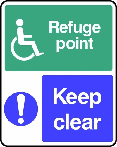 Refuge point — Keep clear sign showing collated green refuge-point and blue keep-clear panels with rounded border. Artwork DDA0023.
