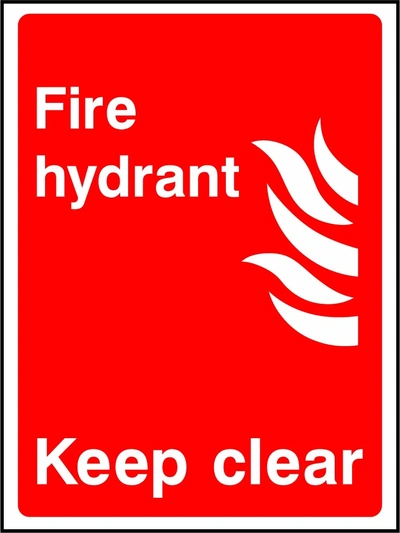 Fire hydrant — Keep clear sign showing flame pictogram and hydrant wording. Artwork FEQP0003.