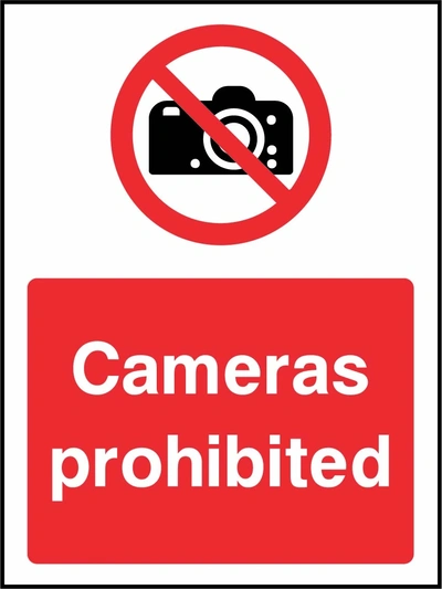 Cameras prohibited sign showing red camera prohibition symbol above wording. Artwork GENE0107.