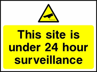 This site is under 24 hour surveillance sign. yellow pictogram and text panel. Artwork SECU0048.