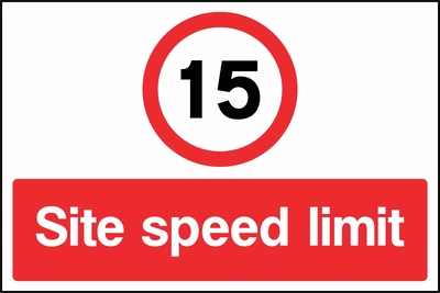 A black number 15 within a red circle above a red Site speed limit panel with 15 — Site speed limit wording. CONS0090 artwork.