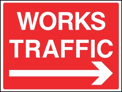 White lettering with a large right-pointing arrow on a red background with WORKS TRAFFIC wording. CONS0073 artwork.