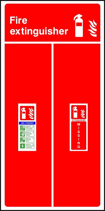 Fire extinguisher — ABC POWDER — EXTINGUISHER MISSING sign showing collated ABC powder identification and missing-equipment panels. Artwork FEQP0060.