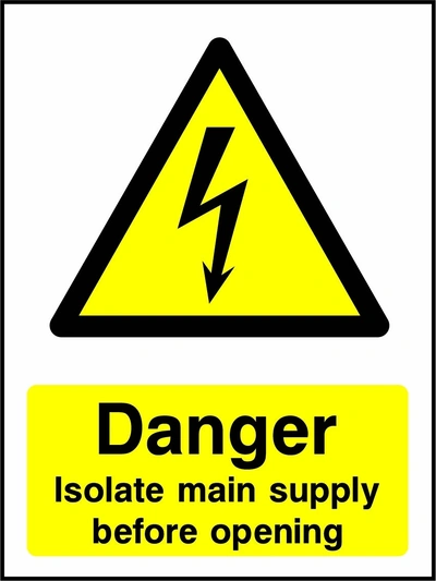 Danger — Isolate main supply before opening sign showing yellow electrical lightning bolt warning triangle above wording. Artwork ELEC0040.