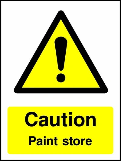 Caution — Paint store sign showing yellow exclamation warning pictogram above wording. Artwork GENE0075.