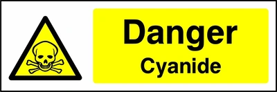 Danger — Cyanide sign with yellow triangular skull and crossbones pictogram beside wording. Artwork CHEM0011.
