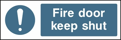 Fire door keep shut sign showing blue exclamation pictogram beside wording. Artwork FPRV0037.