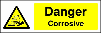 Danger — Corrosive sign with yellow triangular corrosion pictogram beside wording. Artwork CHEM0004.