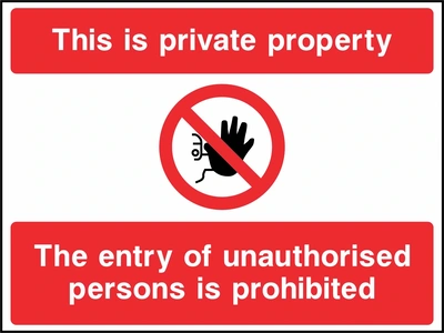 This is private property — The entry of unauthorised persons is prohibited sign. red prohibition panels with a hand pictogram. Artwork SECU0021.