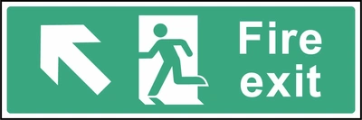 Green and white Fire exit sign with a up left arrow and running-person escape symbol. Letterbox artwork EMER0001.