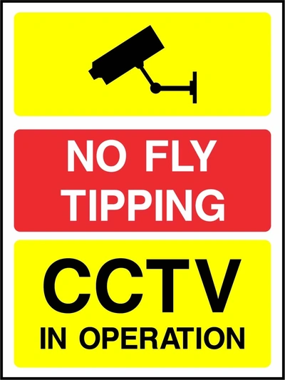 No fly tipping and CCTV in operation sign, with a red prohibition panel and yellow camera warning panel. Artwork GENE0139.