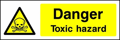 Danger — Toxic hazard sign with yellow triangular skull and crossbones pictogram beside wording. Artwork CHEM0017.