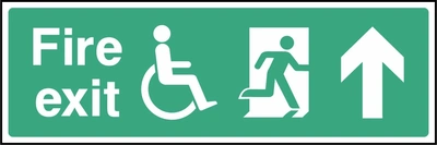 Fire exit sign showing up arrow with wheelchair and running person. Artwork EMER0069.