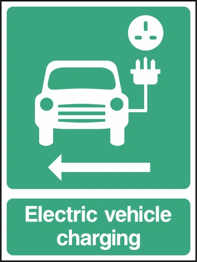 Electric vehicle charging — Left arrow sign. green-and-white electric vehicle parking pictogram and wording. Supplied artwork PARK0084.