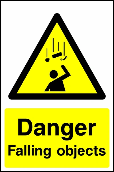 Yellow and black sign with a falling objects pictogram and Danger — Falling objects wording. CONS0029 artwork.