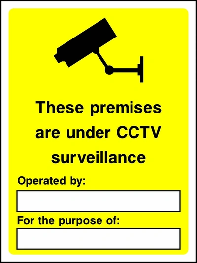These premises are under CCTV surveillance sign. black CCTV camera pictogram and wording on a yellow panel. Artwork SECU0006.