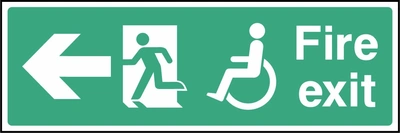 Fire exit sign showing left arrow with wheelchair and running person. Artwork EMER0068.