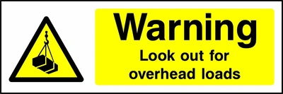 Yellow and black letterbox sign with a suspended load pictogram and Warning Look out for overhead loads wording. CONS0048 artwork.