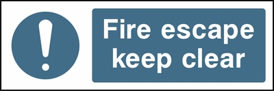 Fire escape keep clear sign showing blue exclamation pictogram beside wording. Artwork FPRV0033.