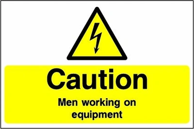 Caution — Men working on equipment sign showing yellow electrical lightning bolt warning triangle with wording. Artwork ELEC0066.