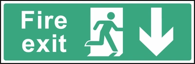 Green and white Fire exit sign with a down arrow and running-person escape symbol. Letterbox artwork EMER0008.