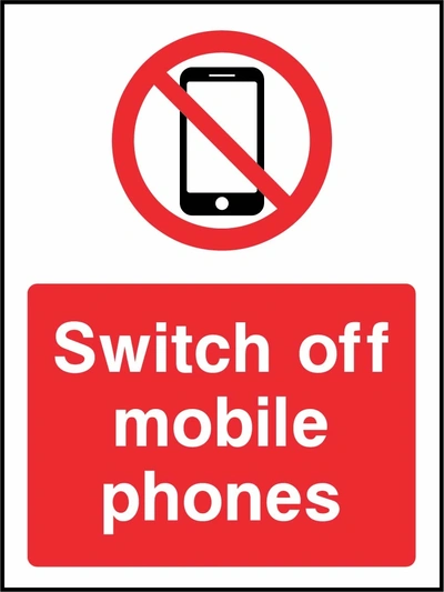 Switch off mobile phones sign showing red mobile phone prohibition symbol above wording. Artwork GENE0119.