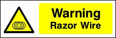 Warning — Razor Wire sign. yellow-and-black warning or coloured access panels. Artwork SECU0012.