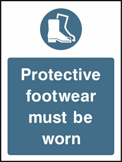 Protective footwear must be worn sign showing blue protective boot pictogram above wording. Artwork PPE0040.