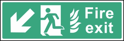 Green and white Fire exit sign showing down-left arrow. Artwork EMER0021.