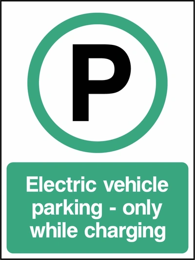 Electric vehicle parking — only while charging sign. green-and-white electric vehicle parking pictogram and wording. Supplied artwork PARK0090.