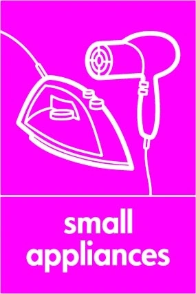 Small appliances sign showing white iron and hairdryer pictogram above wording on magenta background. Artwork ELEC0092.