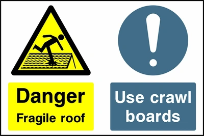 Landscape sign combining a yellow Danger Fragile roof panel and a blue Use crawl boards panel, with roof hazard and mandatory symbols. CONS0040 artwork.